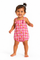 A smiling toddler girl wearing a pink and white gingham bubble romper with a daisy print, standing against a plain white background.